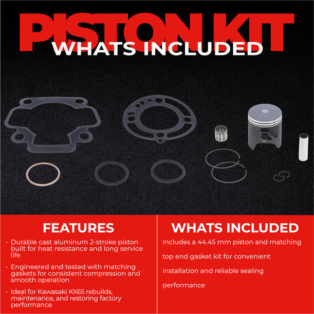 Athena P4C0445008001A Top End Piston Kit with Gasket Set for Kawasaki 65 KX 2000-2023 - 44.45 mm Cast 2-Stroke Piston Replacement Kit - Motocross Dirt Bikes