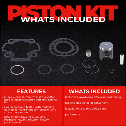 Athena P4C0445008001B Top End Piston Kit with Gasket Set for Kawasaki 65 KX 2000-2023 - 44.46 mm Cast 2-Stroke Piston Replacement Kit - Motocross Dirt Bikes
