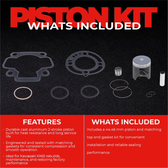 Athena P4C0445008001B Top End Piston Kit with Gasket Set for Kawasaki 65 KX 2000-2023 - 44.46 mm Cast 2-Stroke Piston Replacement Kit - Motocross Dirt Bikes