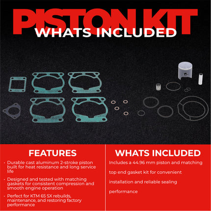 Athena P4C0445008001A Top End Piston Kit with Gasket Set for KTM 65 SX 2009-2023, 44.96 mm Cast 2-Stroke Piston Replacement Kit - Motocross Dirt Bikes