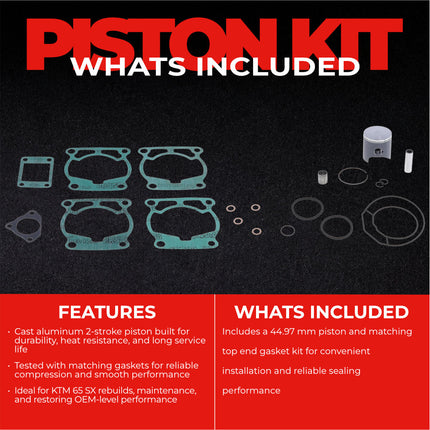 Athena P4C0445008001B Top End Piston Kit with Gasket Set for KTM 65 SX 2009-2023, 44.97 mm Cast 2-Stroke Piston Replacement Kit - Motocross Dirt Bikes