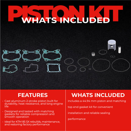 Athena P4C0470013005A Top End Piston Kit with Gasket Set for KTM 85 SX 2003-2017 - 44.94 mm Cast 2-Stroke Piston Replacement Kit - Motocross Dirt Bikes