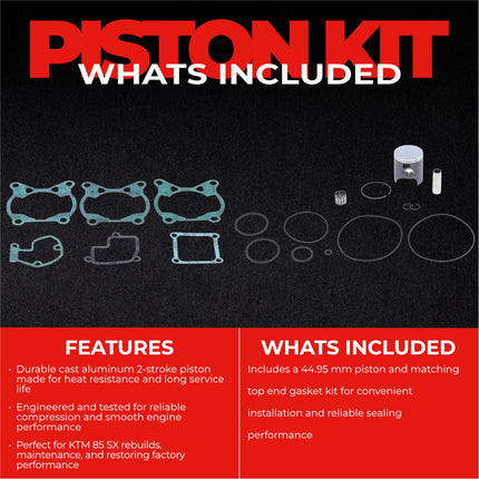 Athena P4C0470013005B Top End Piston Kit with Gasket Set for KTM 85 SX 2003-2017 - 44.95 mm Cast 2-Stroke Piston Replacement Kit - Motocross Dirt Bikes