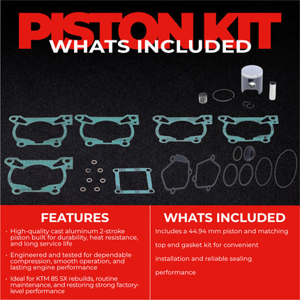 Athena P4C0470088005A Top End Piston Kit with Gasket Set for KTM 85 SX 2018-2025 - 44.94 mm Cast 2-Stroke Piston Replacement Kit - Motocross Dirt Bikes