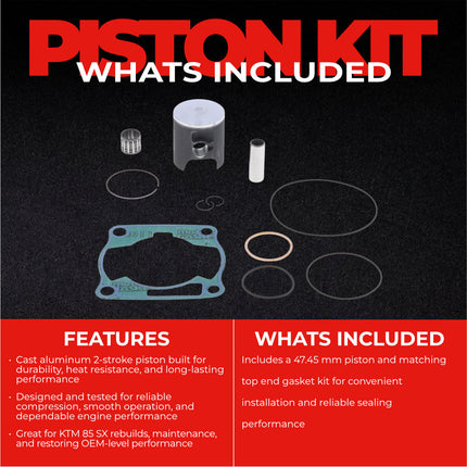 Athena P4C0475089003B Top End Piston Kit with Gasket Set for Yamaha 85 YZ 2002-2018 -  47.44 mm Cast 2-Stroke Piston Replacement Kit - Motocross Dirt Bikes