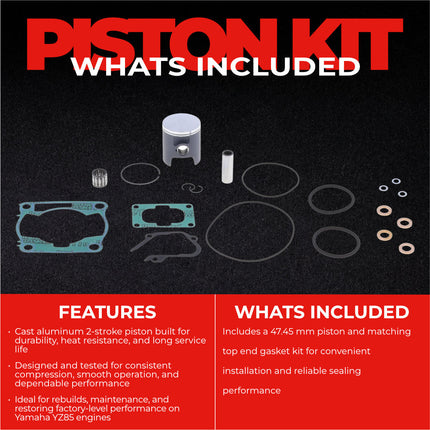 Athena P4C0475199005A Top End Piston Kit with Gasket Set for Yamaha 85 YZ 2019-2023 - 47.45 mm Cast 2-Stroke Piston Replacement Kit - Motocross Dirt Bikes