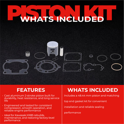 Athena P4C0485065003A Top End Piston Kit with Gasket Kit for Kawasaki 85 KX 2014-2023 - 48.44 mm Cast 2-Stroke Piston Replacement Kit - Motocross Dirt Bikes