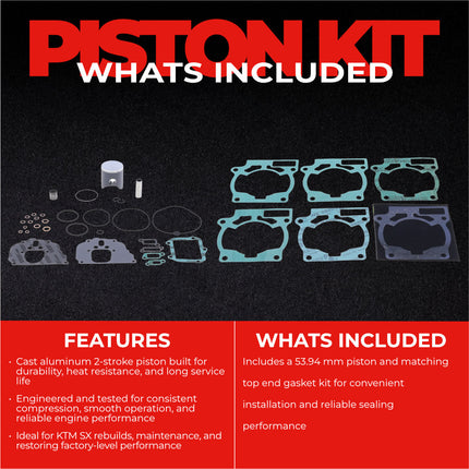 Athena P4C0540023020B Top End Piston Kit with Gasket Kit for KTM 125 SX 2002-2015 - 53.95 mm Cast 2-Stroke Piston Replacement Kit - Motocross Dirt Bikes