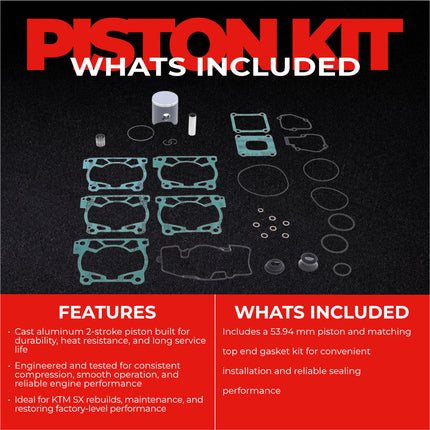 Athena P4C0540077020A Top End Piston Kit with Gasket Kit for KTM 125 SX 2016-22 - 53.94 mm Cast 2-Stroke Piston Replacement Kit - Motocross Dirt Bikes