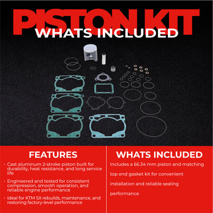Athena P4C0664045001A Top End Piston Kit with Gasket Kit for KTM 250 SX 2007-2016 66.34 mm Cast 2-Stroke Piston Replacement Kit - Motocross Dirt Bikes