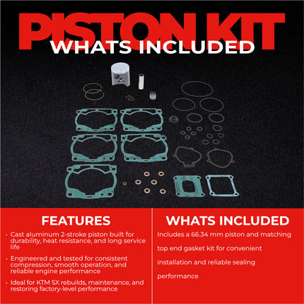 Athena P4C0664083001A Top End Piston Kit with Gasket Kit for KTM 250 SX 2017-2022 66.34 mm Cast 2-Stroke Piston Replacement Kit - Motocross Dirt Bikes