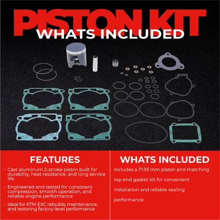 Athena P4C0720045002A Top End Piston Kit with Gasket Kit for KTM 300 EXC 2013-2016 71.93 mm Cast 2-Stroke Piston Replacement Kit - Motocross Dirt Bikes