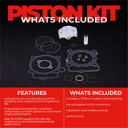 Athena P5F0780074001B Top End Piston Kit with Gasket Kit for KTM / HUSQ 250 2014-2016 - 77.96 mm Forged 4-Stroke Piston Replacement Kit - Motocross Dirt Bikes