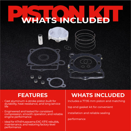 Athena P5F0780078001A Top End Piston Kit with Gasket Kit for KTM / HUSQ 250 EXC-F / FE 17-19 - 77.95 mm Forged 4-Stroke Piston Replacement Kit - Motocross Dirt Bikes