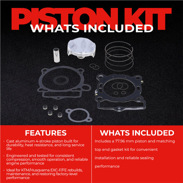 Athena P5F0780078001B Top End Piston Kit with Gasket Kit for KTM / HUSQ 250 EXC-F / FE 17-19 - 77.96 mm Forged 4-Stroke Piston Replacement Kit - Motocross Dirt Bikes