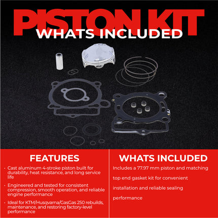 Athena P5F0780078002B Top End Piston Kit with Gasket Kit for KTM / GAS GAS / HUSQ 250 (2016-2022) - 77.97 mm Forged 4-Stroke Piston Replacement Kit - Motocross Dirt Bikes