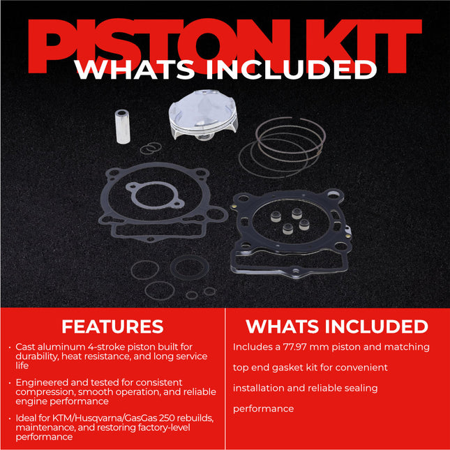 Athena P5F0780078002B Top End Piston Kit with Gasket Kit for KTM / GAS GAS / HUSQ 250 (2016-2022) - 77.97 mm Forged 4-Stroke Piston Replacement Kit - Motocross Dirt Bikes
