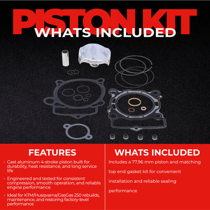 Athena P5F0780093001A Top End Piston Kit with Gasket Kit for KTM / GAS GAS / HUSQ 250 (2020-2023) - 77.96 mm Forged 4-Stroke Piston Replacement Kit - Motocross Dirt Bikes