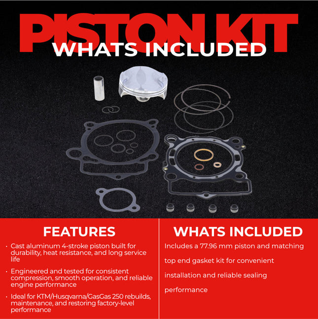 Athena P5F0780093001A Top End Piston Kit with Gasket Kit for KTM / GAS GAS / HUSQ 250 (2020-2023) - 77.96 mm Forged 4-Stroke Piston Replacement Kit - Motocross Dirt Bikes