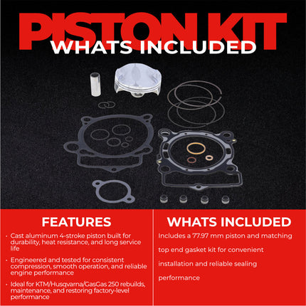 Athena P5F0780093001B Top End Piston Kit with Gasket Kit for KTM / GAS GAS / HUSQ 250 (2020-2023) - 77.97 mm Forged 4-Stroke Piston Replacement Kit - Motocross Dirt Bikes