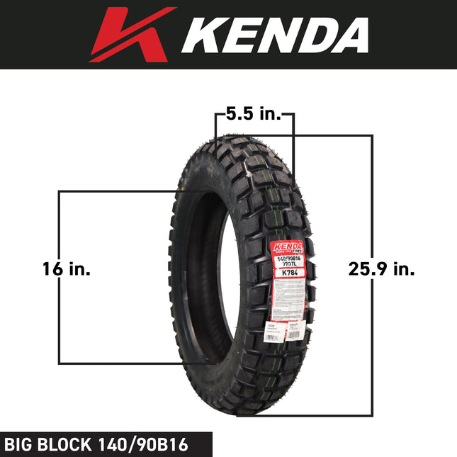Kenda Big Block K784 140/90-16 Rear Tire for Motorcycles, Dirt Bikes, and City Bikes - Durable Off-Road & Street Performance with Keychain 140x90x16