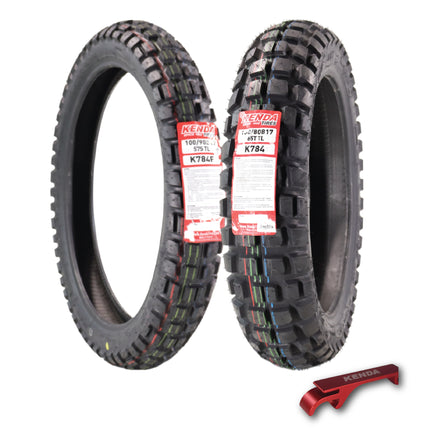 Kenda Big Block K784 100/90B19 Front and 130/80B17 Rear Tires for Motorcycles, Dirt Bikes, and City Bikes - Durable Off-Road & Street Performance with Keychain (2 Pack)