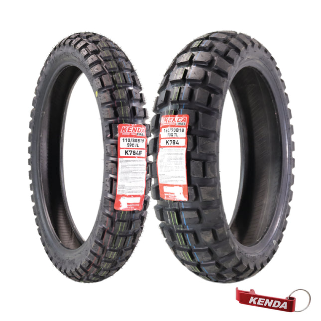Kenda Big Block K784 110/80B19 Front and 150/70B18 Rear Tires for Motorcycles, Dirt Bikes, and City Bikes - Durable Off-Road & Street Performance with Keychain (2 Pack)