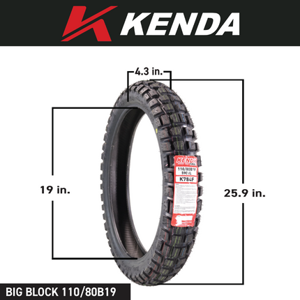 Kenda Big Block K784 110/80B19 Front Tire for Motorcycles, Dirt Bikes, and City Bikes - Durable Off-Road & Street Performance with Keychain 110x80x19