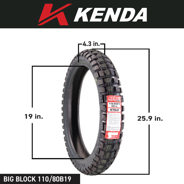Kenda Big Block K784 110/80B19 Front Tire for Motorcycles, Dirt Bikes, and City Bikes - Durable Off-Road & Street Performance with Keychain 110x80x19
