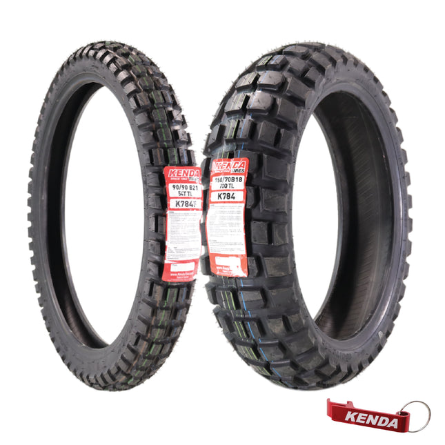Kenda Big Block K784 90/90B21 Front and 150/70B18 Rear Tires for Motorcycles, Dirt Bikes, and City Bikes - Durable Off-Road & Street Performance with Keychain (2 Pack)