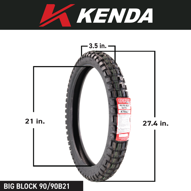 Kenda Big Block K784 90/90B21 Front Tire for Motorcycles, Dirt Bikes, and City Bikes - Durable Off-Road & Street Performance with Keychain 90x90x21