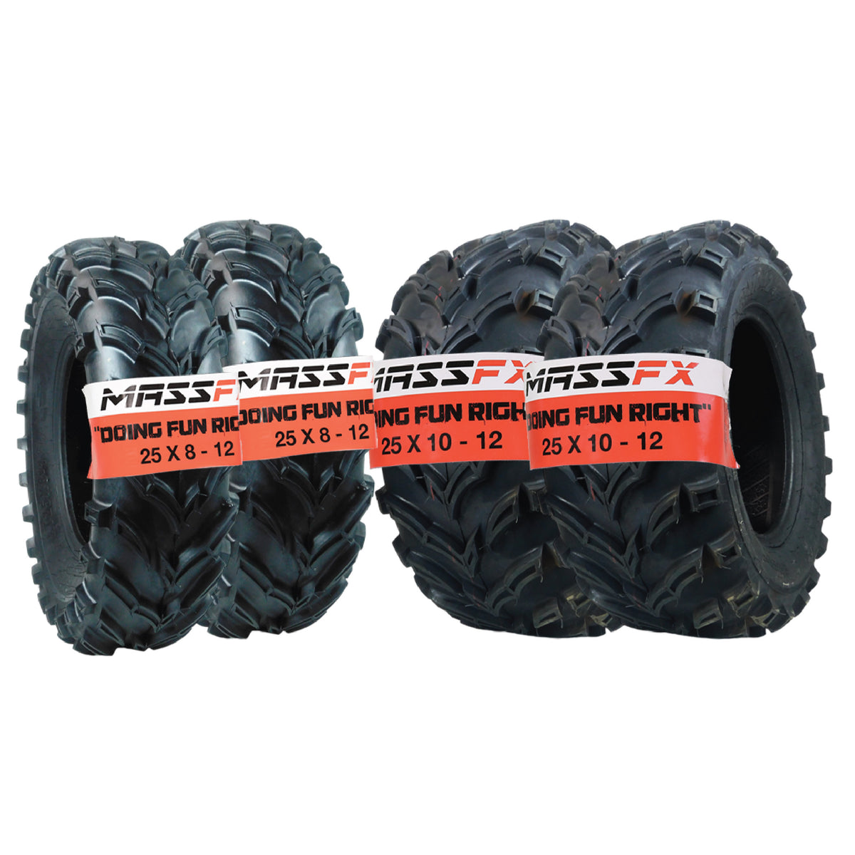 MASSFX 25x8-12 Front (2) & 25x10-12 Rear (2) Tires for ATV, UTV, & SxS (4-pk)