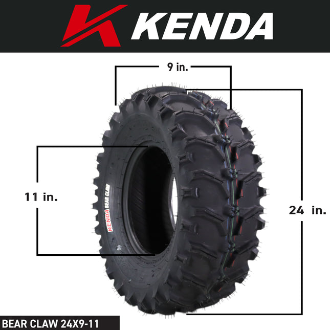 Kenda Bearclaw K299 - 24x9-11 Front & 24x11-10 Rear Tires for All Terrain (ATV), UTV, and Side by Side (SxS) Vehicles - 6-Ply - Bear Claw 24x9x11 24x11x10 with Kenda Keychain (4-Pack)