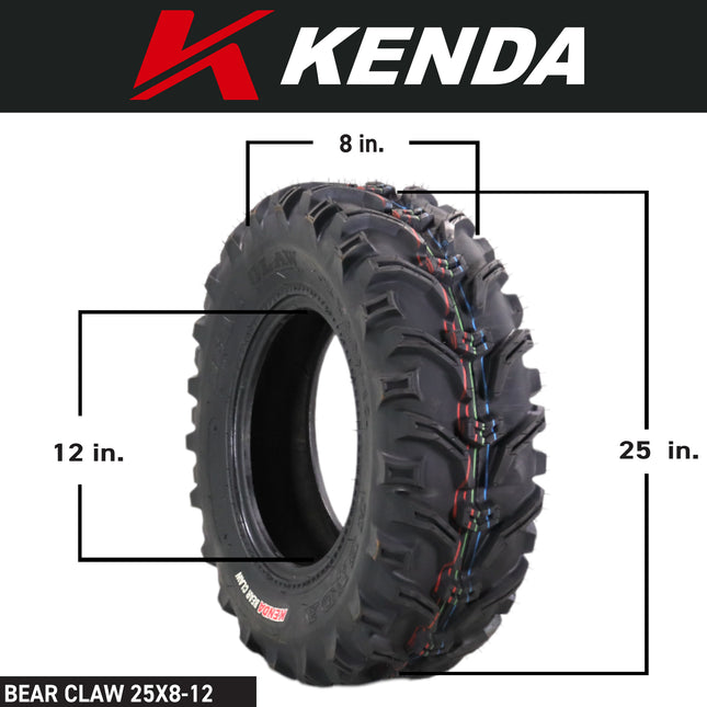 Kenda Bearclaw K299 - 25x8-12 Front & 25x12.5-12 Rear Tires for All Terrain (ATV), UTV, and Side by Side (SxS) Vehicles - 6-Ply - Bear Claw 25x8x12 Front & 25x12.5x12 with Kenda Keychain (4-Pack)