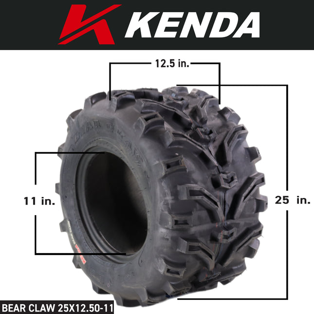 Kenda Bearclaw K299 - 25x8-12 Front & 25x12.5-11 Rear Tires for All Terrain (ATV), UTV, and Side by Side (SxS) Vehicles - 6-Ply - Bear Claw 25x8x12 Front & 25x12.5x11 with Kenda Keychain (4-Pack)
