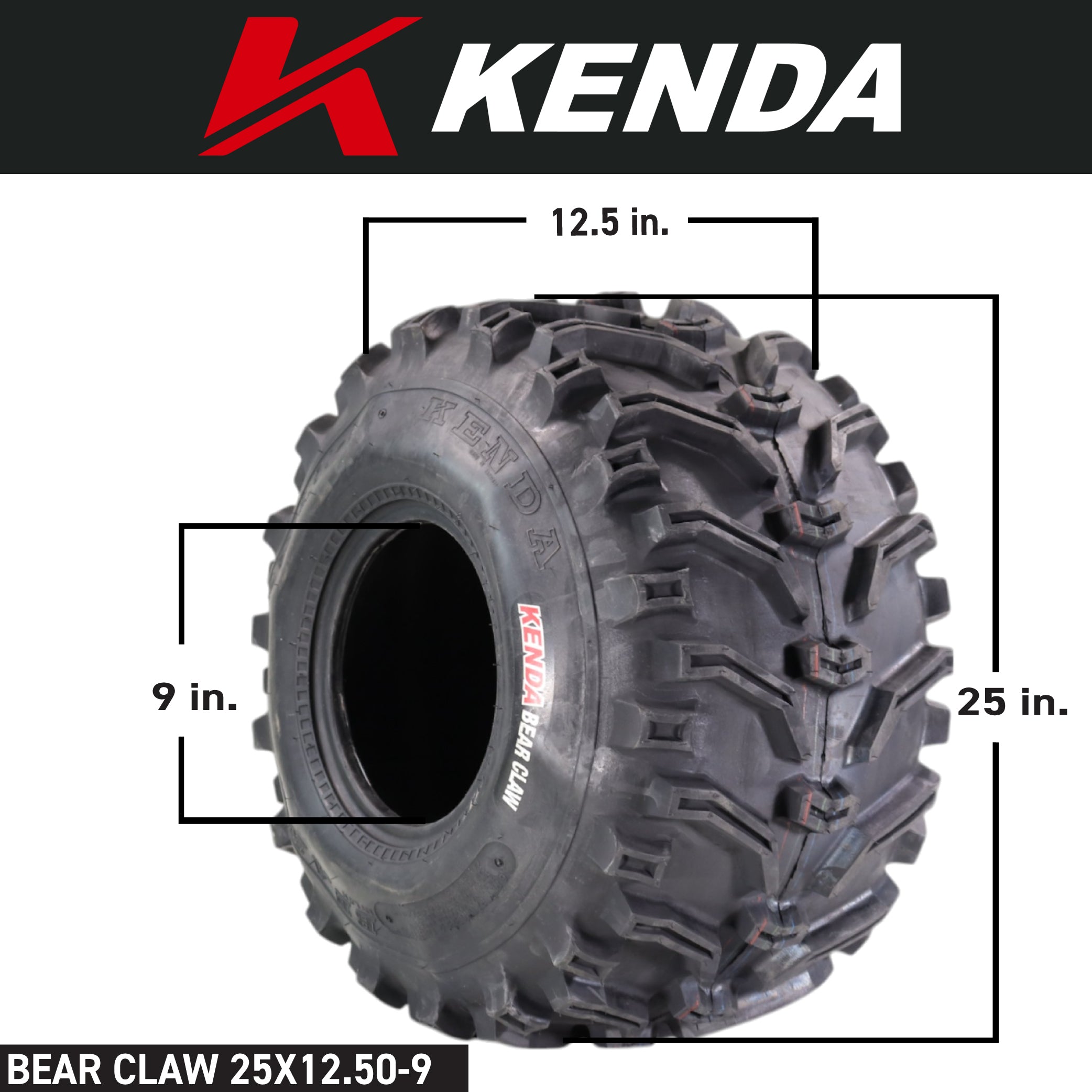 Kenda Bear Claw 25x12.5-9 Rear Off-Road Tire For ATV, UTV or SXS Vehicles