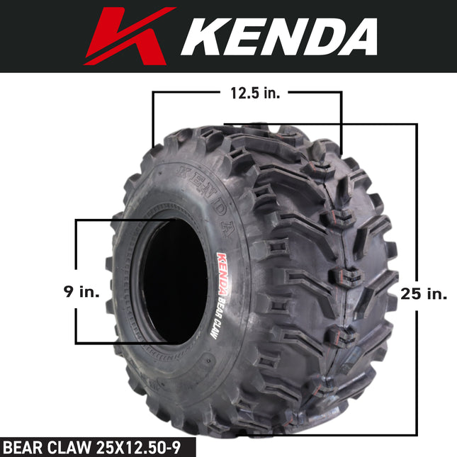 Kenda Bearclaw K299 - 25x12.5-9 Rear Tire for All Terrain (ATV), UTV, and Side by Side (SxS) Vehicles - 6-Ply - Bear Claw 25x12.5x9 with Kenda Keychain