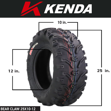 Kenda Bearclaw K299 - 25x8-11 Front & 25x10-12 Rear Tires for All Terrain (ATV), UTV, and Side by Side (SxS) Vehicles - 6-Ply - Bear Claw 25x8x11 Front & 25x10x12 with Kenda Keychain (4-Pack)