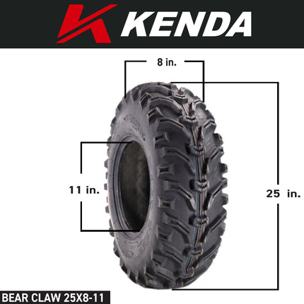 Kenda Bearclaw K299 - 25x8-11 Front & 25x10-11 Rear Tires for All Terrain (ATV), UTV, and Side by Side (SxS) Vehicles - 6-Ply - Bear Claw 25x8x11 Front & 25x10x11 with Kenda Keychain (4-Pack)