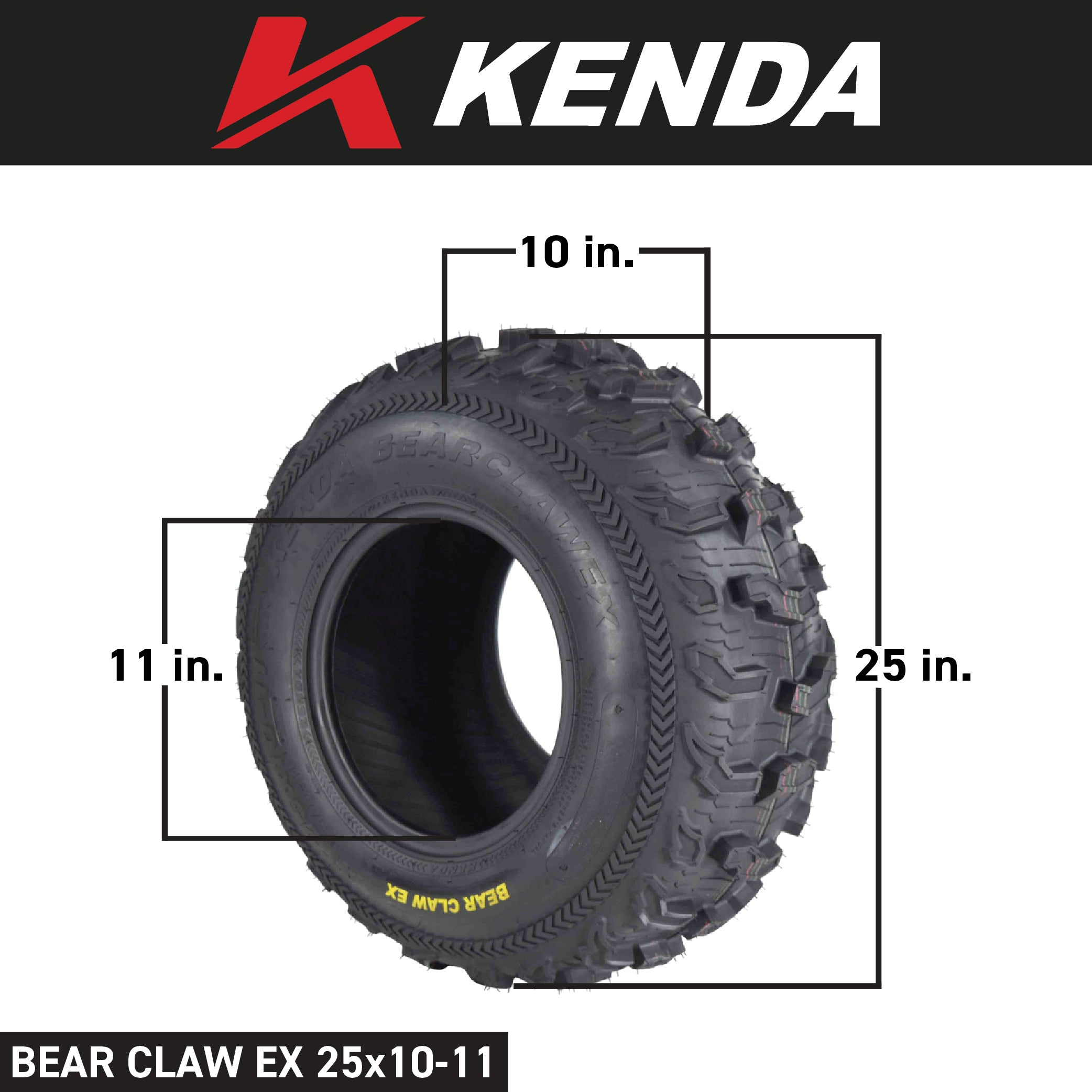 Kenda Bearclaw EX K573 - 25x10-11 Rear Tire for All Terrain (ATV), UTV, and Side by Side (SxS) Vehicles - 6-Ply - Bear Claw EX 25x10x11