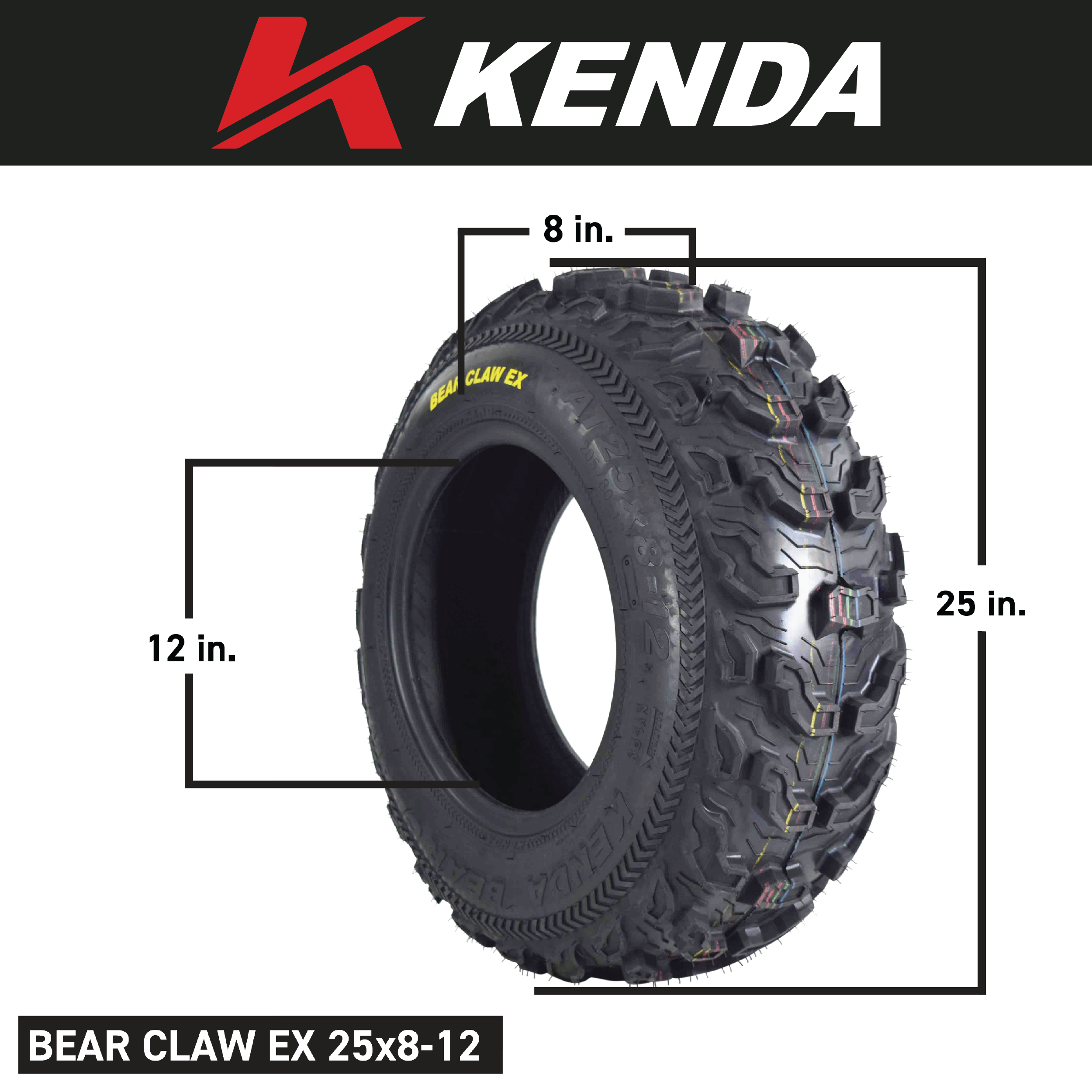 Kenda Bear Claw EX 25x8-12 Front ATV 6 PLY Tire Bearclaw 25x8x12 Single Tire
