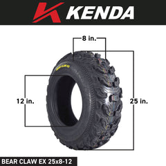Kenda Bearclaw EX K573 - 25x8-12 Front Tire for All Terrain (ATV), UTV, and Side by Side (SxS) Vehicles - 6-Ply - Bear Claw EX 25x8x12