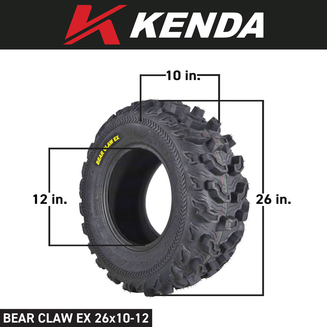 Kenda Bearclaw EX K573 - 26x10-12 Front & 26x12-12 Rear Tires for All Terrain (ATV), UTV, and Side by Side (SxS) Vehicles - 6-Ply - Bear Claw EX 26x10x12 26x12x12 (4-Pack)
