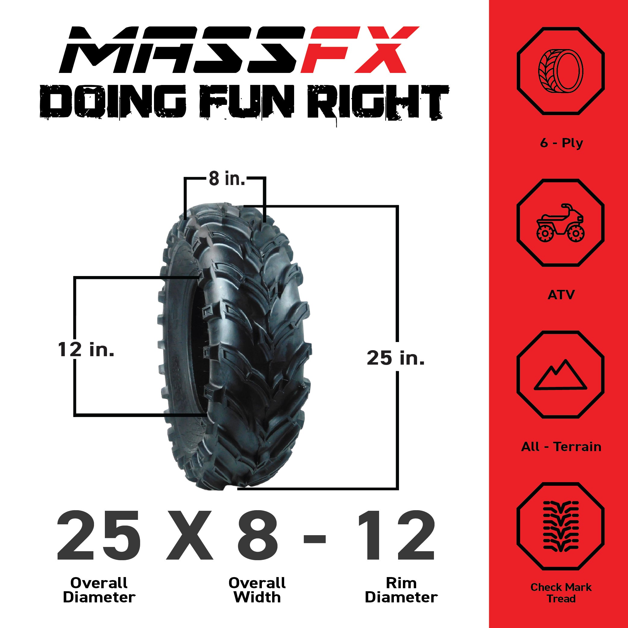 MASSFX 25x8-12 Front Tires for ATV, UTV, & SxS-6-Ply w/ 1/2" Tread Depth (2-pk)