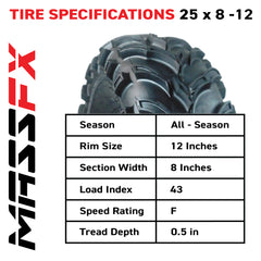 MASSFX 25x8-12 Front Tires for ATV, UTV, & SxS-6-Ply w/ 1/2" Tread Depth (2-pk)