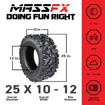 MASSFX 25x8-12 Front & 25x10-12 Rear Tire for ATV, UTV, & SXS Vehicles (4 Pack)