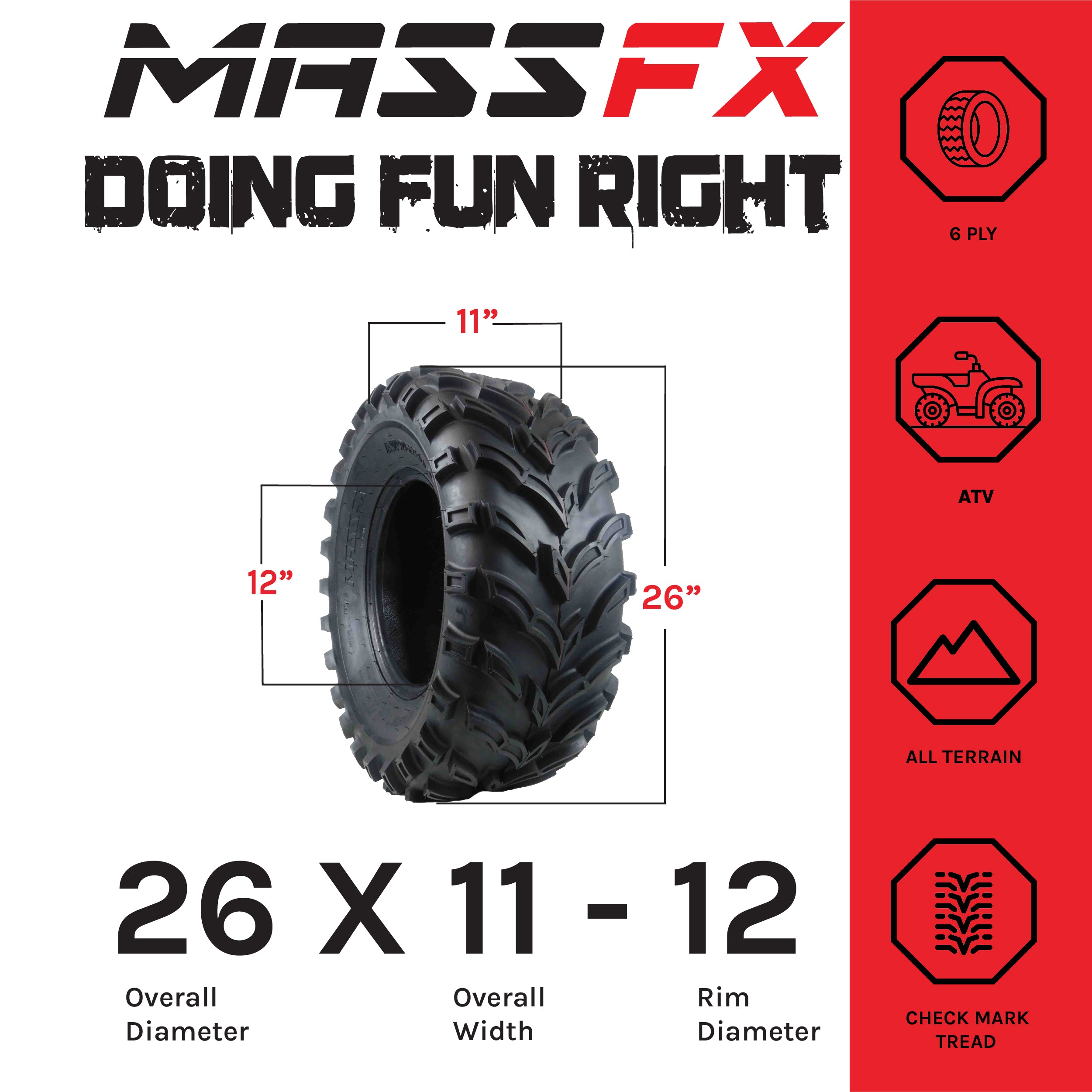 MASSFX 26x11-12 Rear Tires for ATV, UTV, & SxS-6-Ply w/ 1/2" Tread Depth (2-pk)