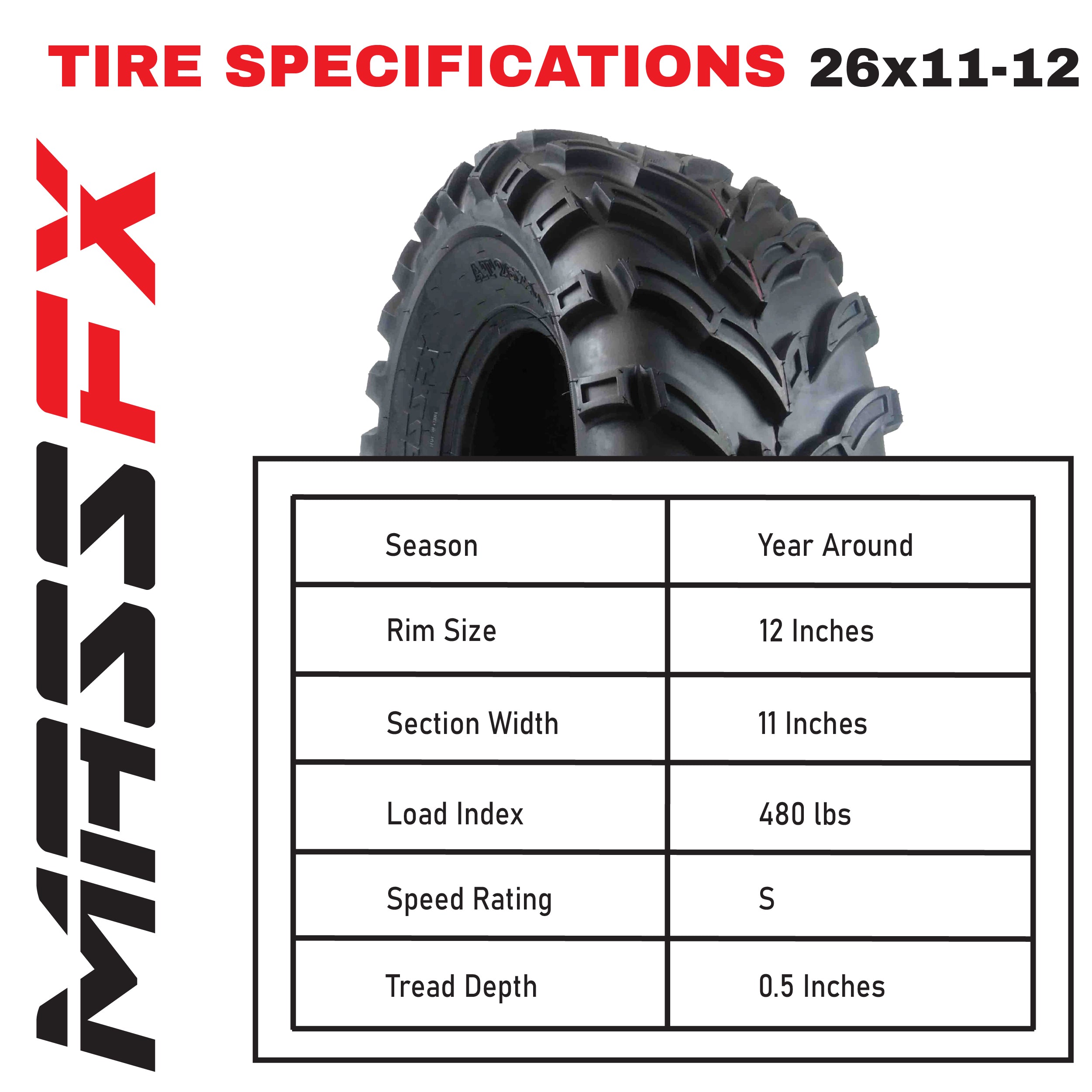 MASSFX 26x11-12 Rear Tires for ATV, UTV, & SxS-6-Ply w/ 1/2" Tread Depth (2-pk)