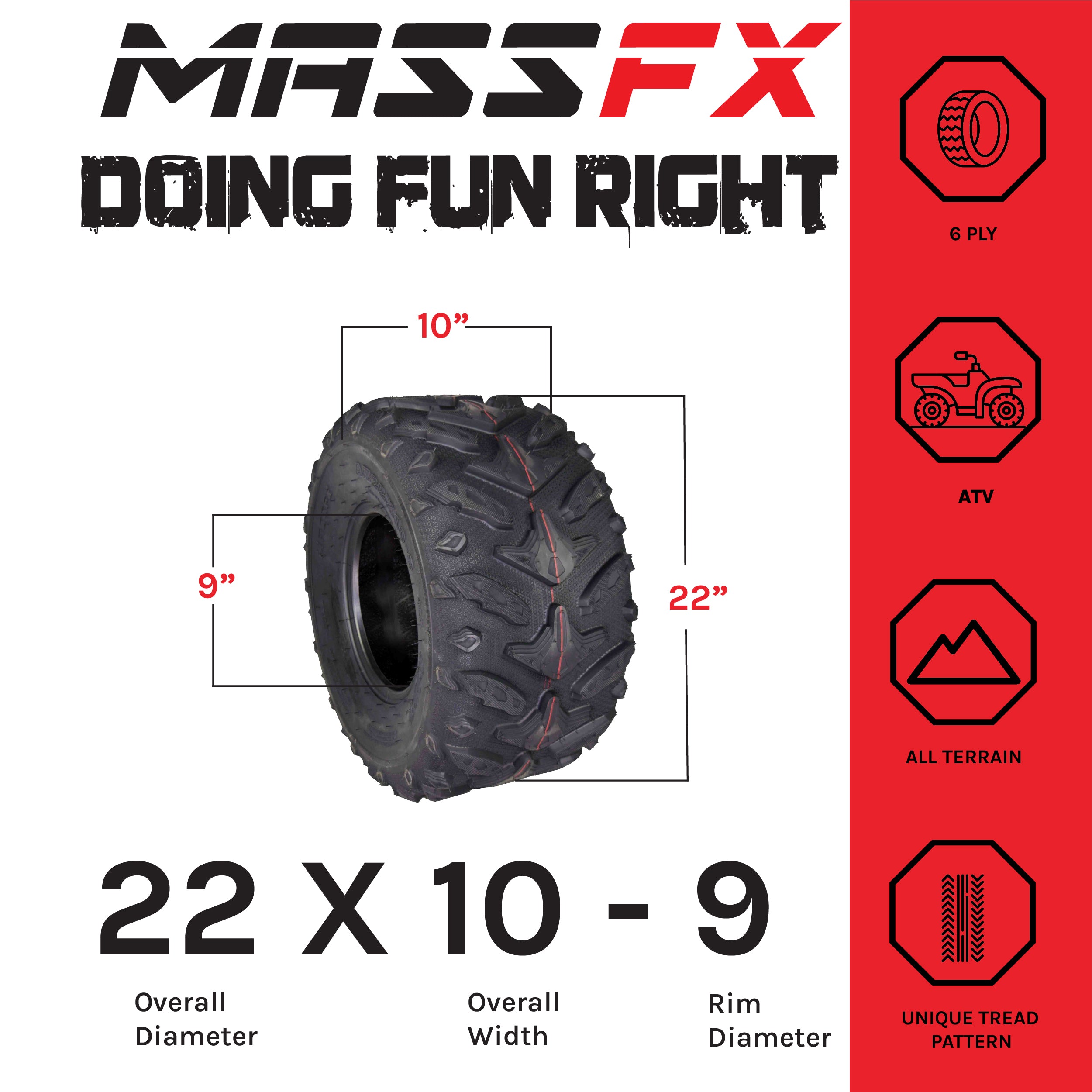 MASSFX Grinder 22x10-9 Rear Tire for ATV, UTV, & SxS on Soft/Hard Pack Ground