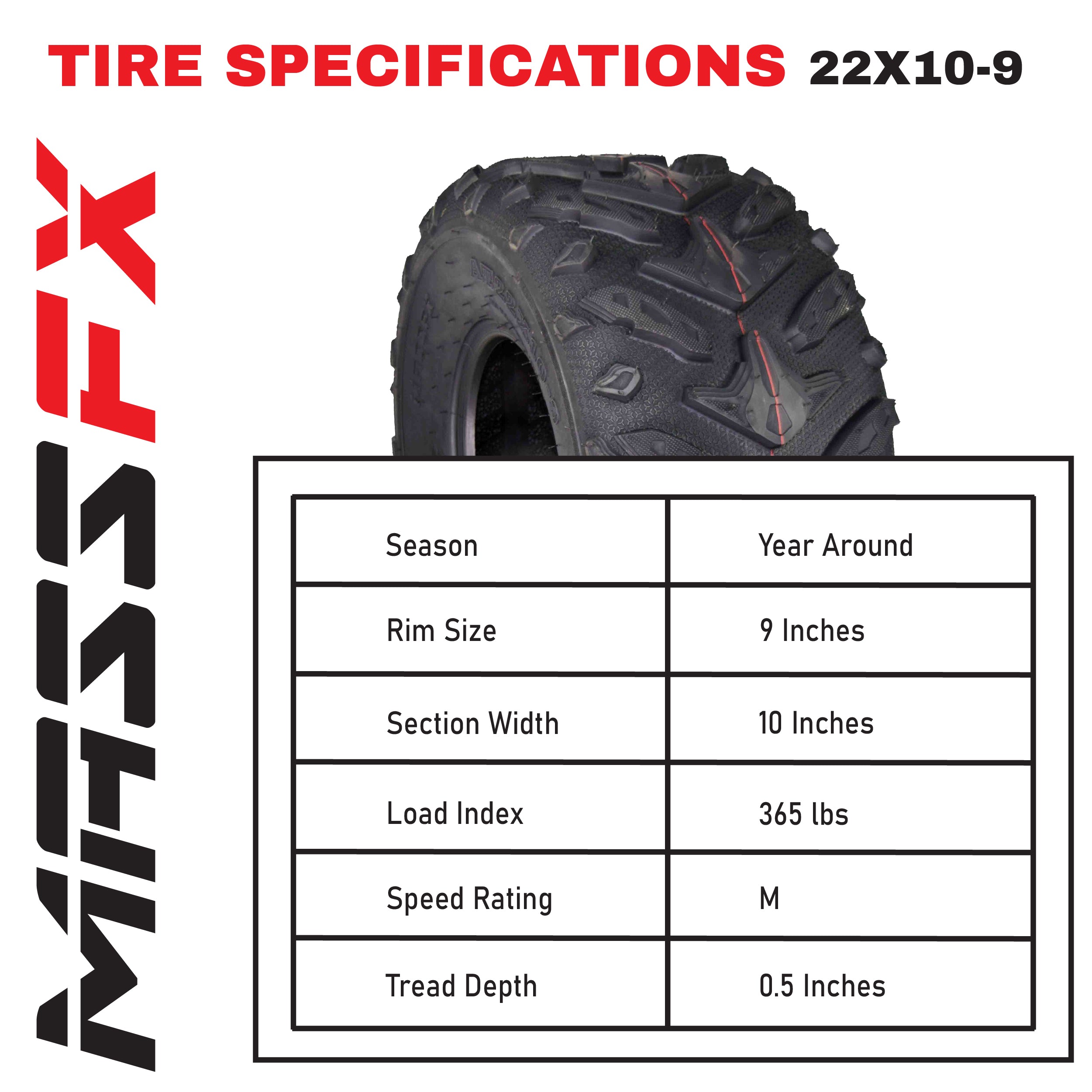MASSFX Grinder 22x10-9 Rear Tire for ATV, UTV, & SxS on Soft/Hard Pack Ground